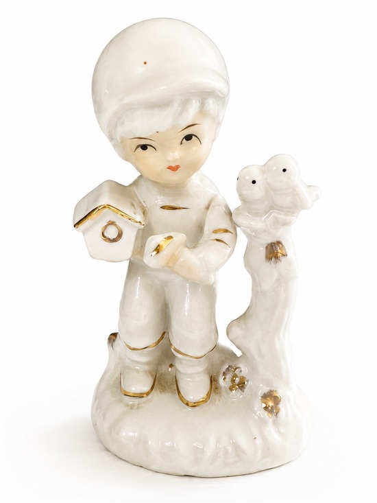 No Brand Other - Vintage White Porcelain Boy With Birds Figurine Collectible Home Decor